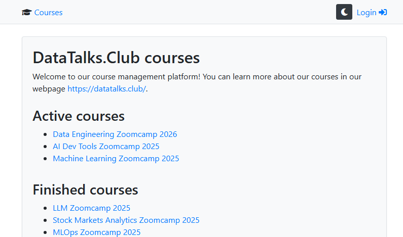 Course management platform homepage