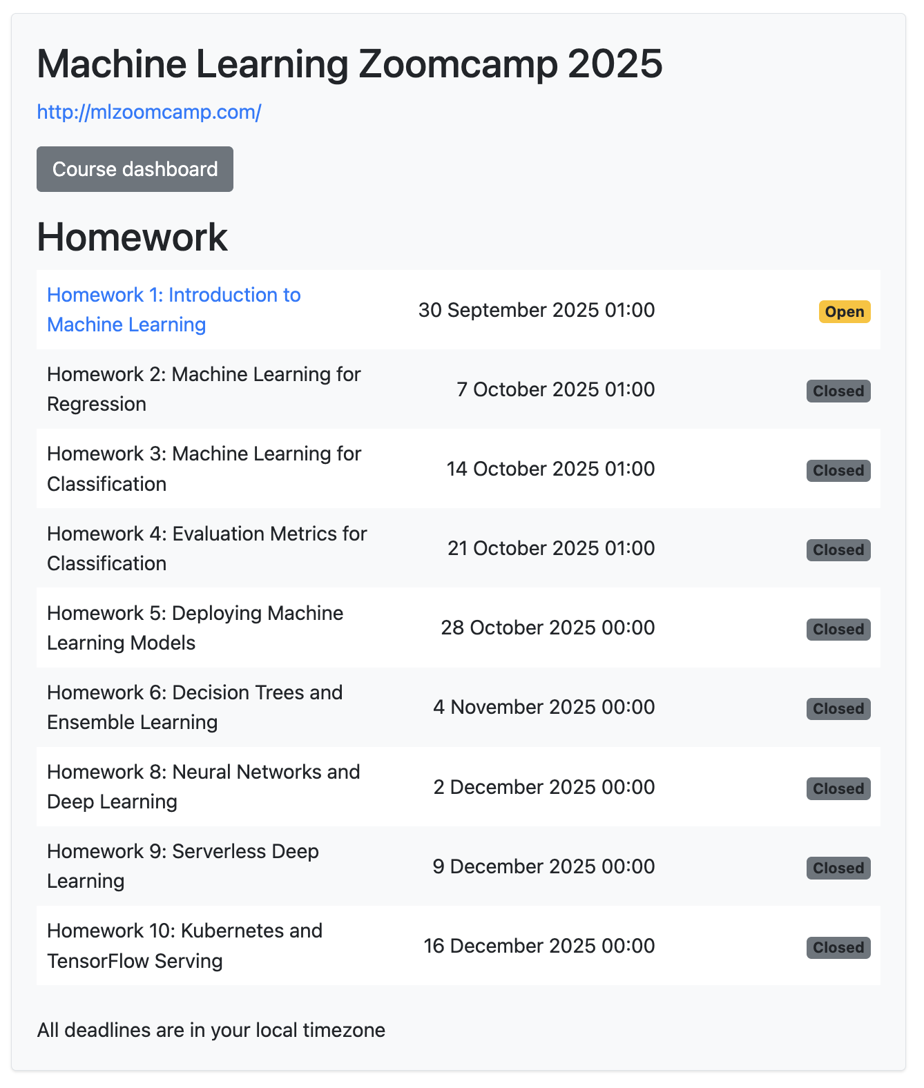 ML Zoomcamp course platform schedule
