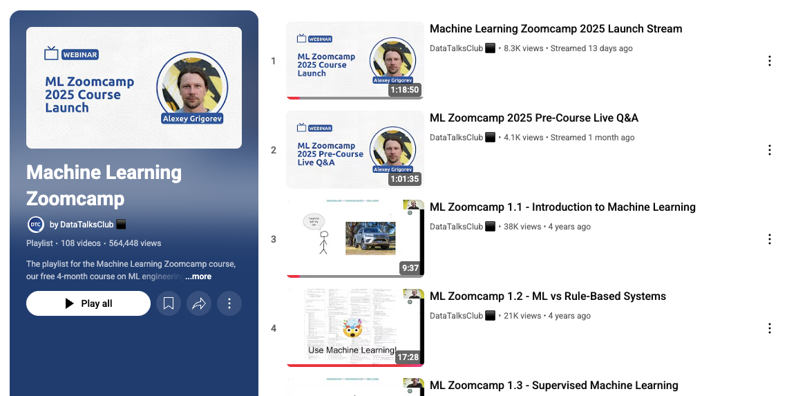 ML Zoomcamp YouTube playlist